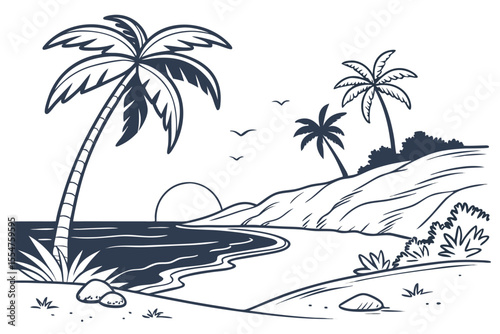 Minimalist Vector Illustration of a Cat Enjoying a Beach Vacation