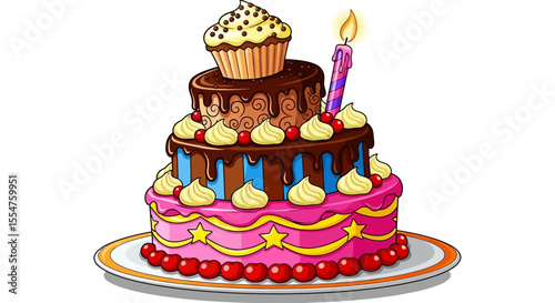 Colorful Three-Tiered Birthday Cake with Cupcake and Candle Illustration