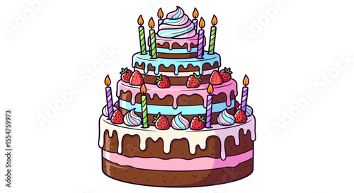 Colorful Four-Tiered Birthday Cake with Candles and Strawberry Decoration