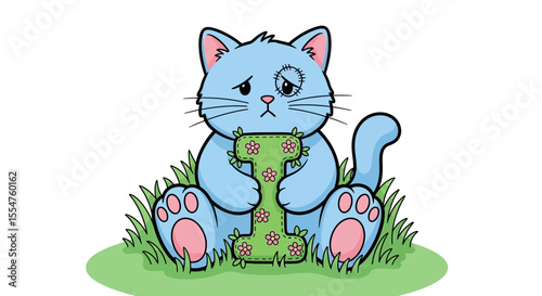 Sad Blue Cat with Patch Holding Green I Toy in Grass