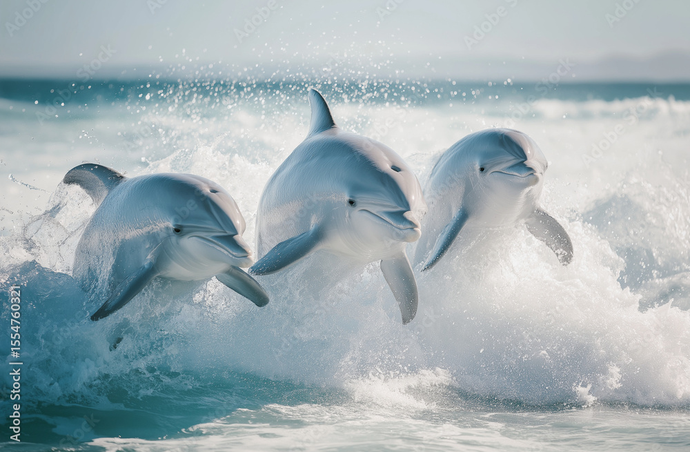 Fototapeta premium Three dolphins jumping out of the water in front of blue ocean waves