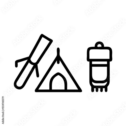 Simple line art icons representing camping gear including a tent sleeping bag and tent poles