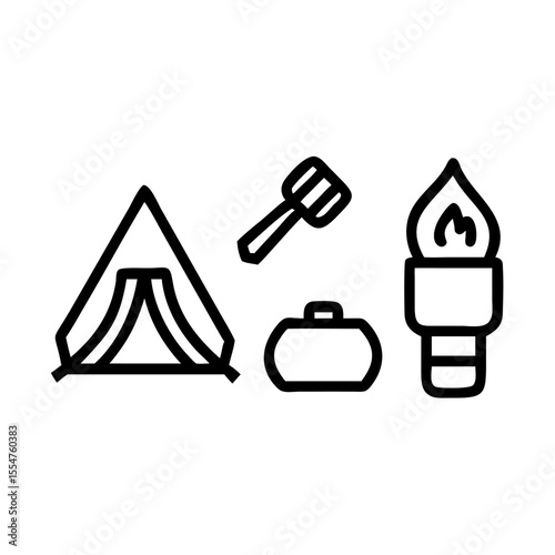 Simple line art icons representing camping gear including a tent spatula cooler and torch