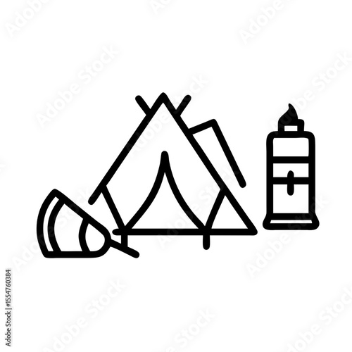 Simple line art icon of a tent sleeping bag and lantern for camping