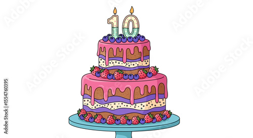 Two-Tiered Birthday Cake with Number 10 Candles, Pink Frosting, and Berries