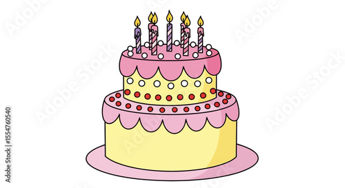 Two-Tiered Birthday Cake with Pink Frosting, Candles, and Decorations