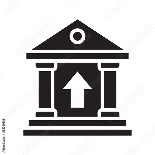 Bank growth icon with a building and up arrow representing financial deposit increase stock market appreciation and successful economic recovery vector solid glyph icon