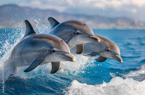 Three dolphins jumping out of the water in front of blue ocean waves
