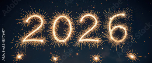 Glowing 2026 sparkler numbers with festive fireworks on dark night sky background.