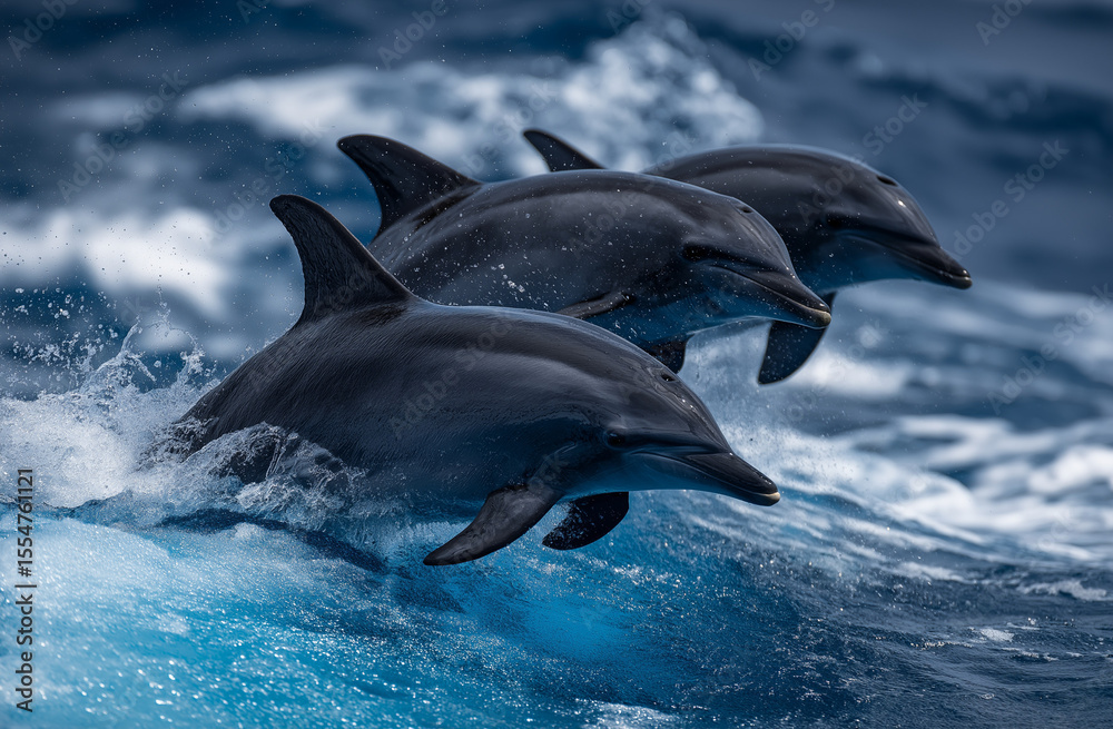 Fototapeta premium Three dolphins jumping out of the water in front of blue ocean waves