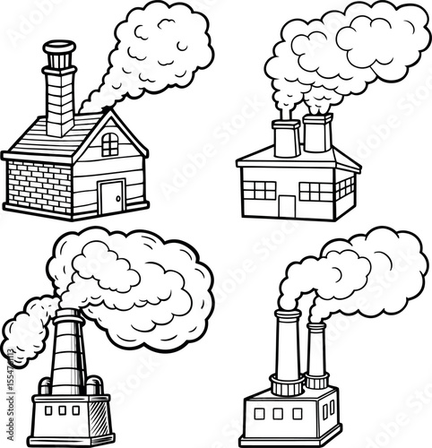Line Art Illustration of Four Pollution Sources with Smoke and Buildings