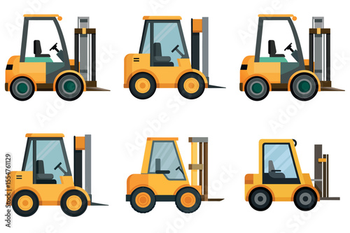 Diverse set of yellow forklifts in varying styles and orientations, perfect for logistics illustration