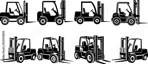 Various Stylized Black and White Forklift Truck Silhouette Illustrations Set