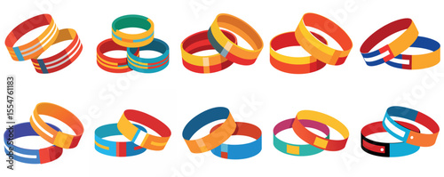Collection of colorful wristbands, bracelets, or identification bands in various combinations vector illustrations