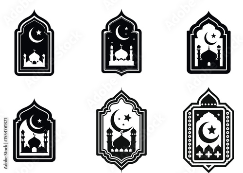 Diverse set of Islamic Ramadan window with crescent and star vector silhouettes