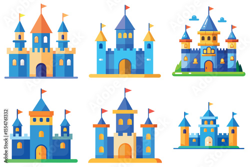 Set of Colorful Cartoon Castles with Towers, Flags, and Arched Entrances