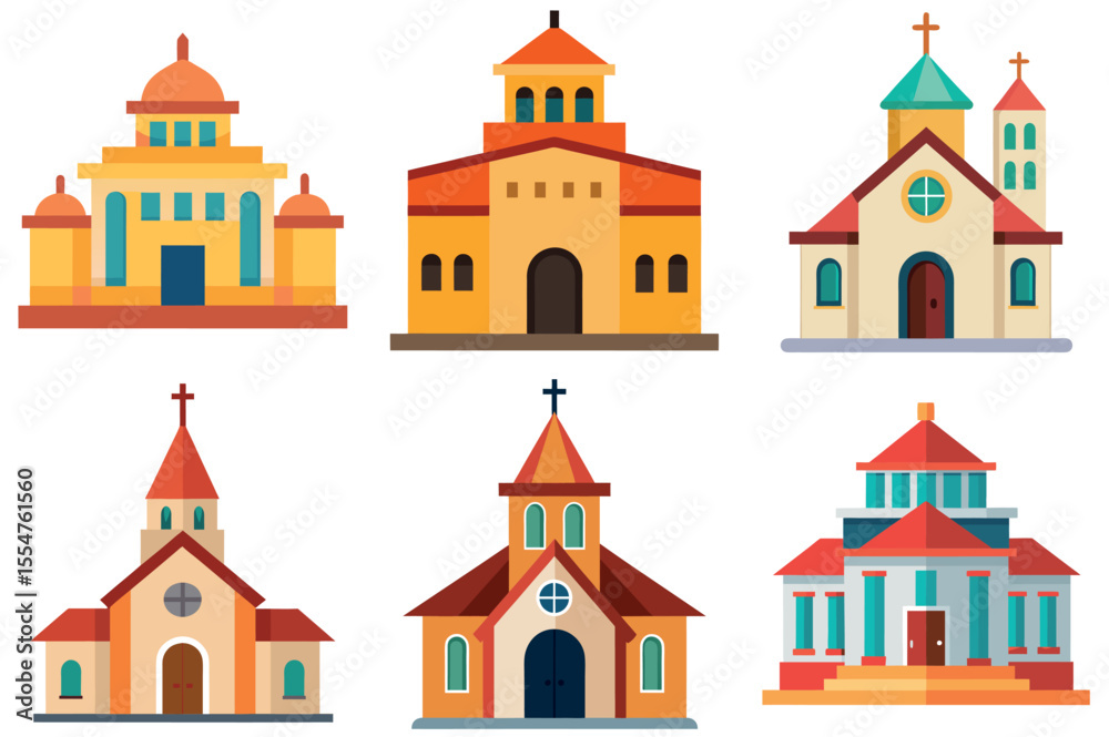 Fototapeta premium Cartoon depiction of various churches with differing architectural styles and color schemes