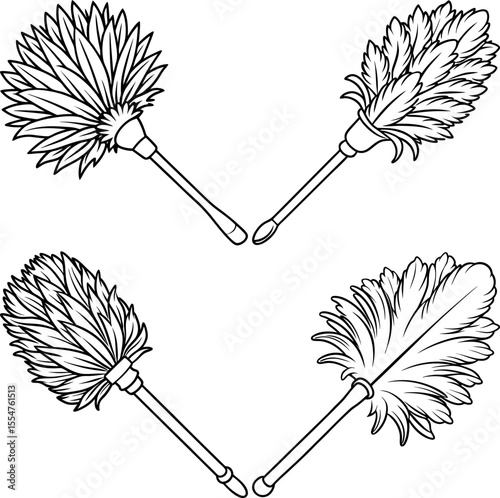Stylized outline illustration featuring four feather dusters arranged in an X pattern
