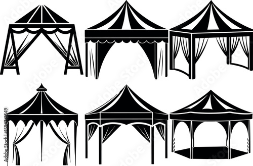 Collection of Decorative Tents and Canopies in Black and White Vector Art