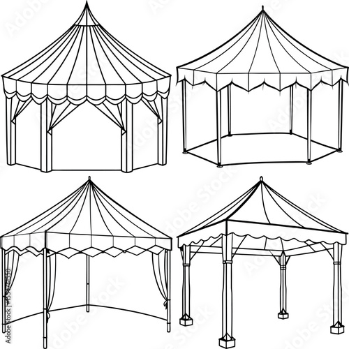 Four Illustrated Structures of Various Tents or Pavilions with Differing Designs