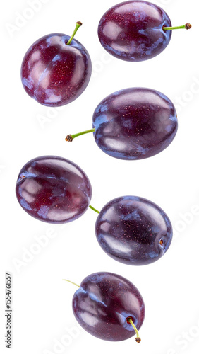 Six whole ripe plums with stems falling against a transparent background, creating a dynamic and appetizing image