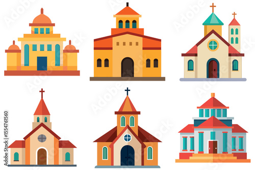 Cartoon depiction of various churches with differing architectural styles and color schemes