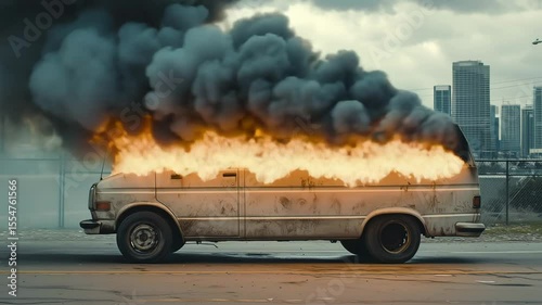 A van is fully on fire with smoke billowing into the sky on a city street during the afternoon