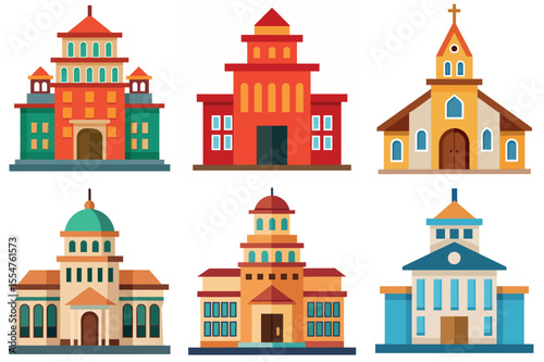 Cartoon depiction of six colorful and unique buildings vector illustrations on a white background