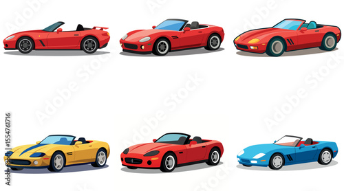 Collection of Cartoon Sports Cars and Convertibles in Various Colors vector illustrations