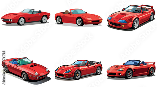 Collection of Six Vibrant Red Convertible Cars vector illustrations Isolated on White Background