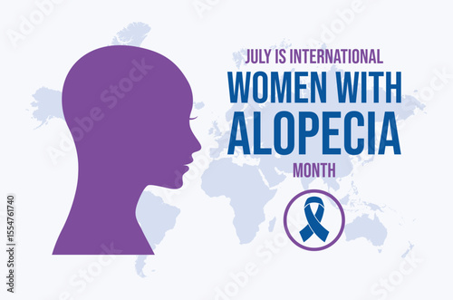 July is International Women with Alopecia Month poster vector illustration. Female head in profile purple silhouette vector. Template for background, banner, card. Important day