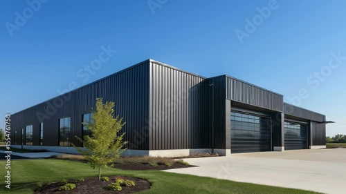 A modern industrial structure features large windows and a sleek exterior set against a clear blue sky in an open area