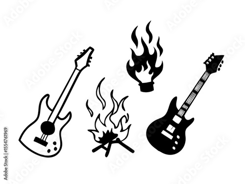 Fiery Guitar Icons 3D Rock Guitar Flames Illustration