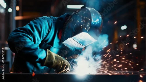 A welder works meticulously in an industrial workshop, generating sparks while shaping metal during the evening