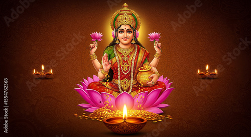 Illustration of lakshmi seated on a lotus with diyas and gold coins on a brown gradient background