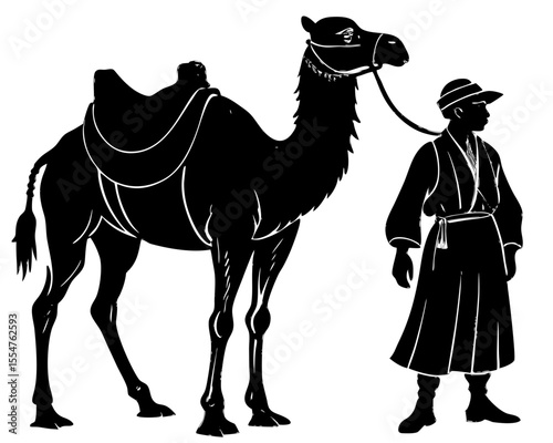 Silhouette of Camel and Handler, Simple Black and White Vector Illustration

