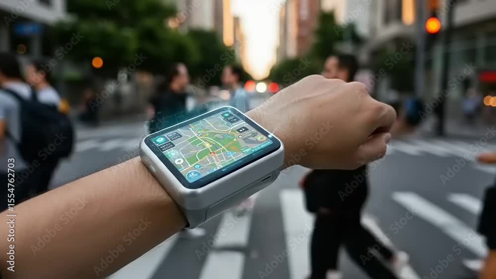 Smartwatch displaying a navigation map while a pedestrian crosses a busy city street at sunset