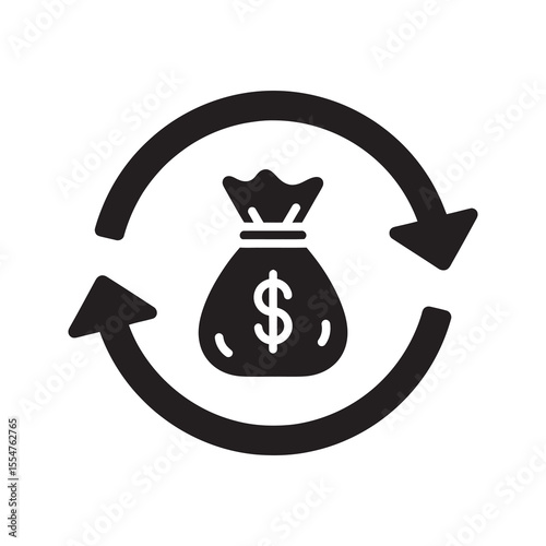 Financial investment return ROI concept with money circulation icon for cashback refund economic growth business profit and currency exchange process vector solid glyph icon