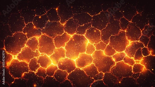 Ground crack with glowing hot lava fissures, burning magma fractures, fiery sparkles on dark volcanic terrain surface. Abstract vector background of broken cave, black land, red molten rock texture