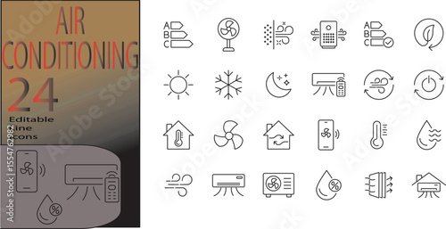 Air conditioning icon. Containing cooling, ionization, blowing, heating, swing. Solid vector icons collection.