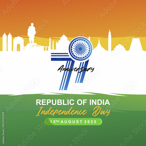 79 years Independence Day India 2025 abstract vector illustration design. 79th logo, India skyline and India flag background. Best for Bhaarat Svatantrata Divas or Independence Day greeting template