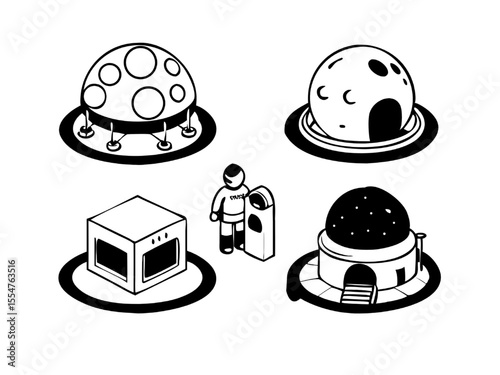 Four Futuristic Moon Base Icons Realistic 3D Space Habitats