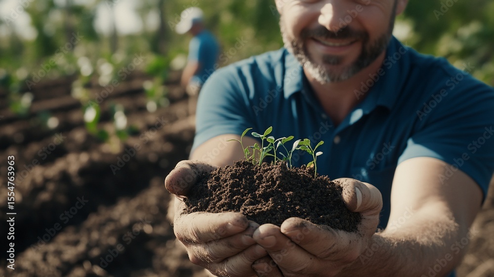 Obraz premium Man holding young plants in his hands, smiling. Healthy growth, careful hands