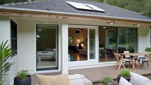 A zenithal view of an ecological house with a solar roof, a large bright window, wooden furniture, plants and a person relaxing inside.