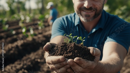 Man holding young plants in his hands, smiling.  Healthy growth, careful hands