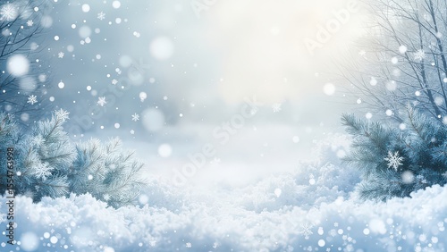 Winter Scene with Snowfall. This image depicts a winter landscape with a heavy snowfall. The scene is dominated by a soft, cool color palette of blues and whites.