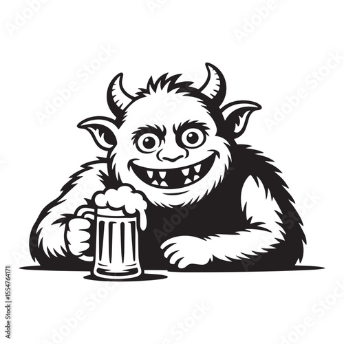 Funny devil or monster carving drinking beer silhouette vector illustration.