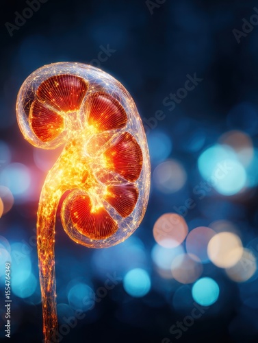 Human kidney anatomical illustration glowing with light on a blurred background.