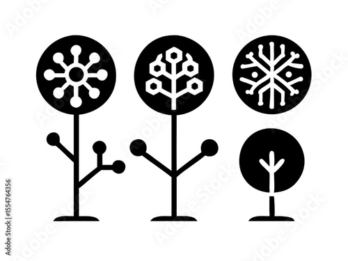 Four Tech-Rooted Tree of Life Icons Glowing 3D Vector