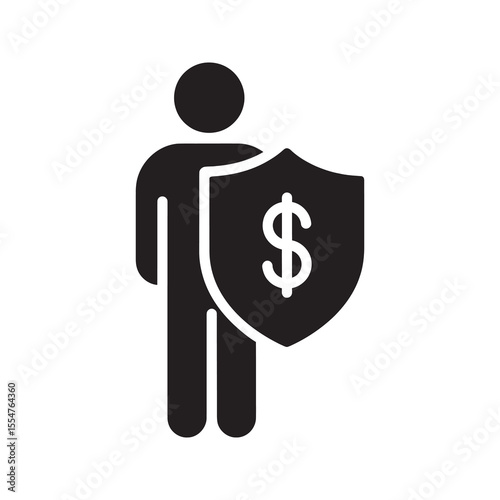 Personal financial protection icon with person holding a shield for insurance coverage asset security and individual investment safety plan vector solid glyph icon